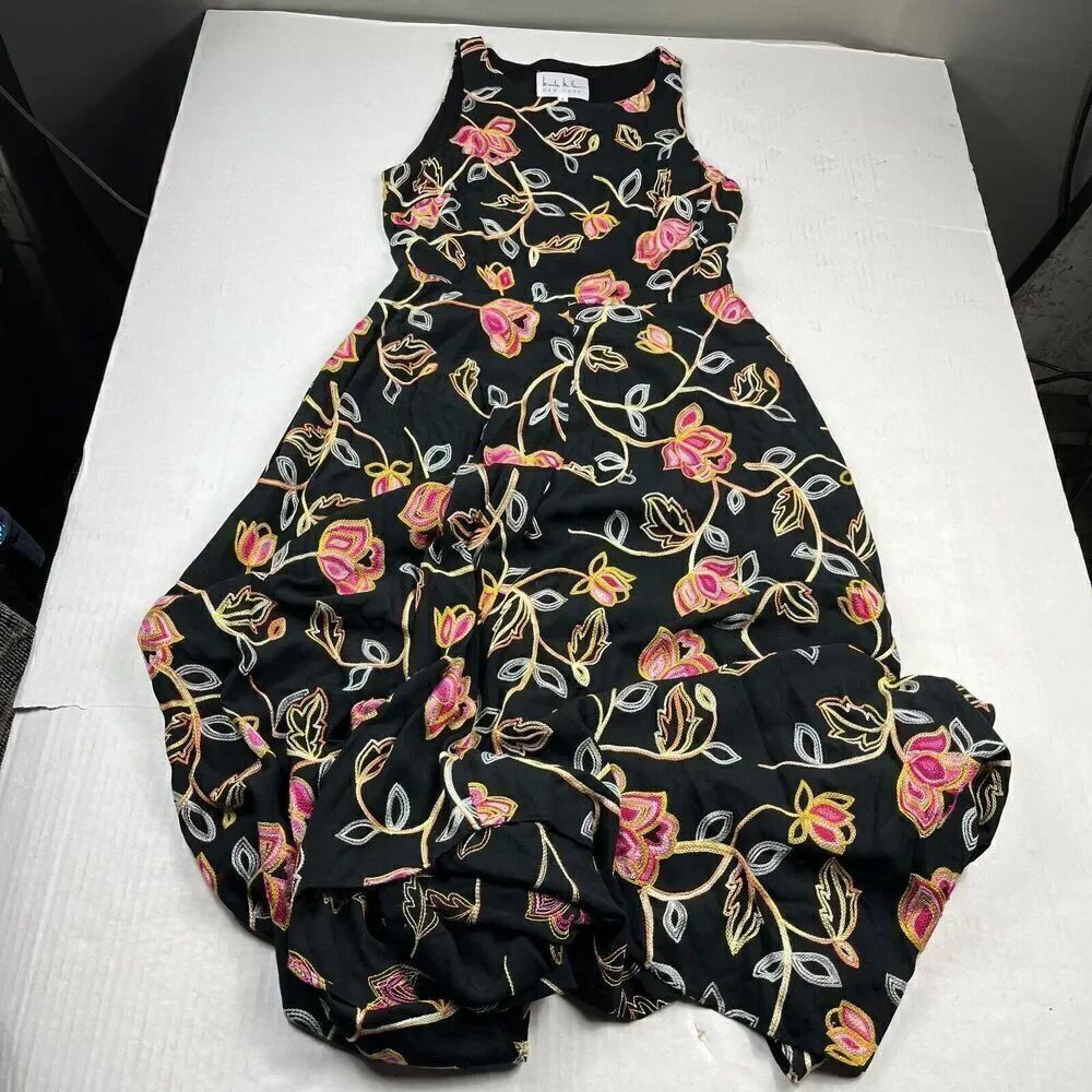 Nicole Miller Embroidered Maxi Dress Floral Side Zip Asymmetric Hem Party Size 8